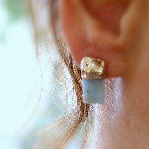 Raw Aquamarine Stud Earrings: Gold Plated March Birthstone
