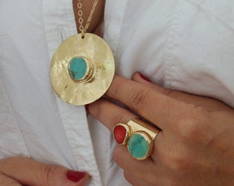 Statement Ring, Turquoise ring, Coral and Turquoise Ring, Boho Ring Gemstone Ring, Gold Statement Ring, Turquoise Jewelry By Inbal Mishan.