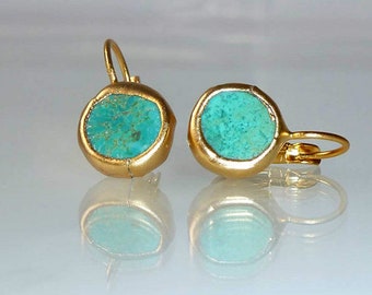 Turquoise earrings, Unique Gift, Gift For Women, simple everyday, ocean jewelry,framed stone, Gold post fashion earrings.handmade jewelry