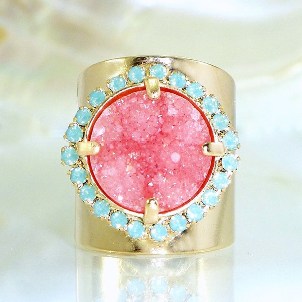 Womans Gift, Pink Stone Ring, Druzy, Gift For Her, Druzy Ring, Cocktail Ring, Wide Band Ring, Druzy Jewelry, Statement Ring By Inbal mishan.