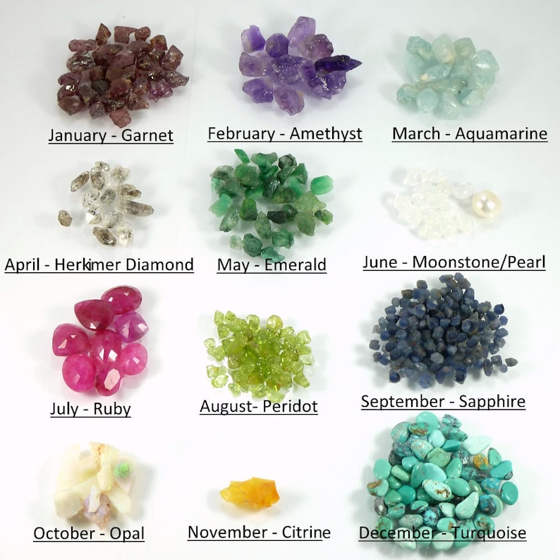 May include: A collection of small gemstones representing the birthstones for each month of the year. The stones are arranged in rows of three, with the month and stone name labeled below each row. The stones include garnet, amethyst, aquamarine, Herkimer diamond, emerald, moonstone, ruby, peridot, sapphire, opal, citrine, and turquoise.