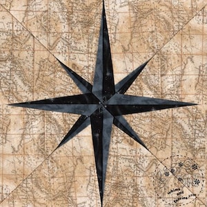 May include: A dark blue and black compass rose design overlaid on a vintage map background. The compass rose has eight points and a textured appearance. The map is in shades of brown and beige, with intricate details.