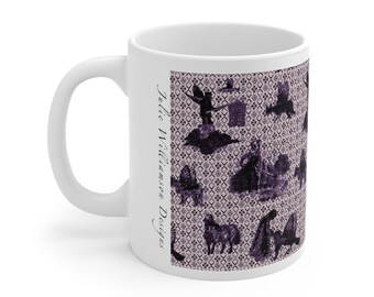 Purple  Mug, Surreal Art, Gothic Animals, Flying Fish, Hand Illustrated, Weird and Wonderful, Animal Head human body, Dark Art, Dream World