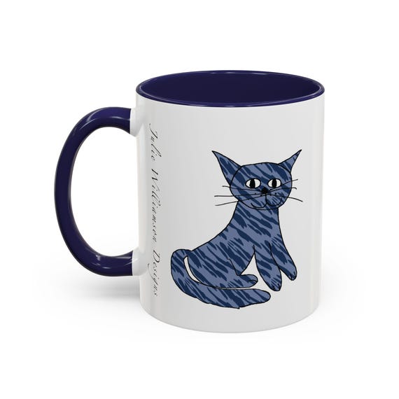 Blaue Katzentasse: Handgezeichnetes Streifendesign, Geschenk für Katzenliebhaber