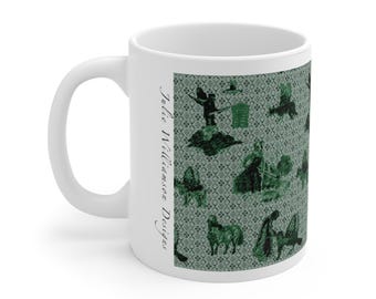 Green Mug, Surreal Art, Gothic Animals, Flying Fish, Hand Illustrated, Weird and Wonderful, Animal Head human body, Dark Art, Dream World