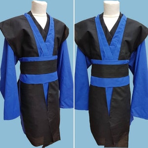 May include: A black and blue robe with a wide collar and a black sash. The robe has long sleeves and a long hemline.