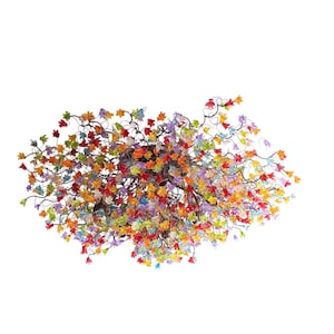 May include: A colourful chandelier with many small glass flowers in shades of red, orange, yellow, green, blue, purple, and pink.