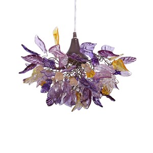 May include: A purple and yellow glass leaf chandelier pendant light fixture. The leaves are made of glass and are arranged in a cluster around a central light source.