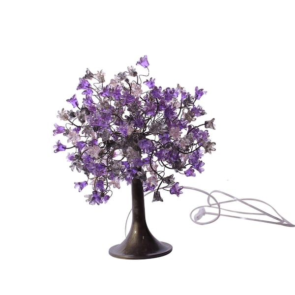 Purple bedside lamp, Table Lamp with Violet gray and clear flowers, small table lamp, midnight color flowers lighter.