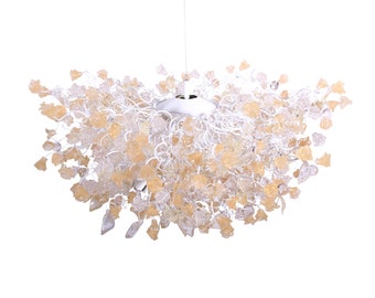 Hanging chandeliers with light gold and clear color flowers and leaves for Dining Room