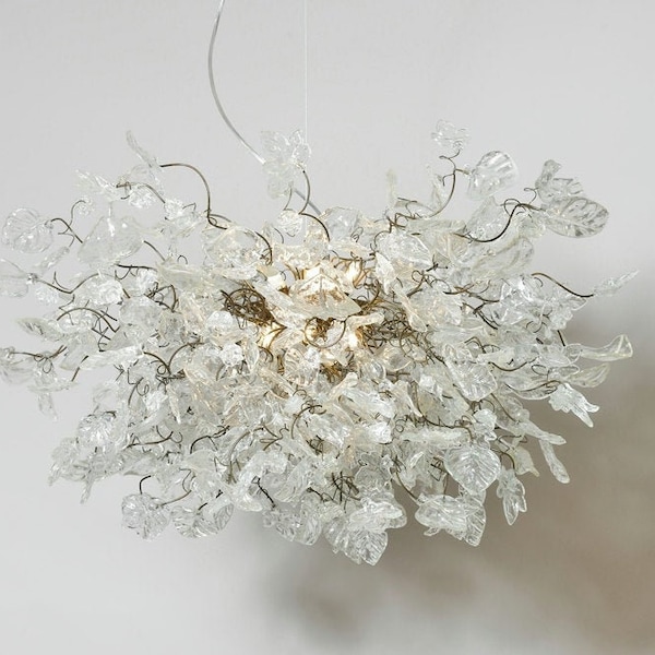 Hanging Chandeliers with transparent clear leaves and flowers for Dining Room