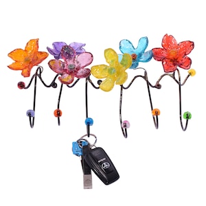 Decorative Wall Hooks, Coat rack with Multicolored resin flowers, for towel, jewelry.