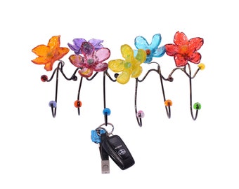 Decorative Wall Hooks, Coat rack with Multicolored resin flowers, for towel, jewelry.