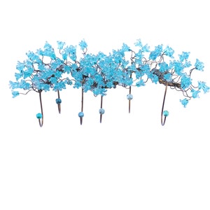 Unique hooks Coat Rack, Wall  towel rack with blue resin flowers and leaves, decorative wall hanger.
