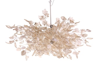 Modern Hanging oval chandeliers with white, clear and light gold flowers and leaves for Dining Room, or living room - elegant lighting