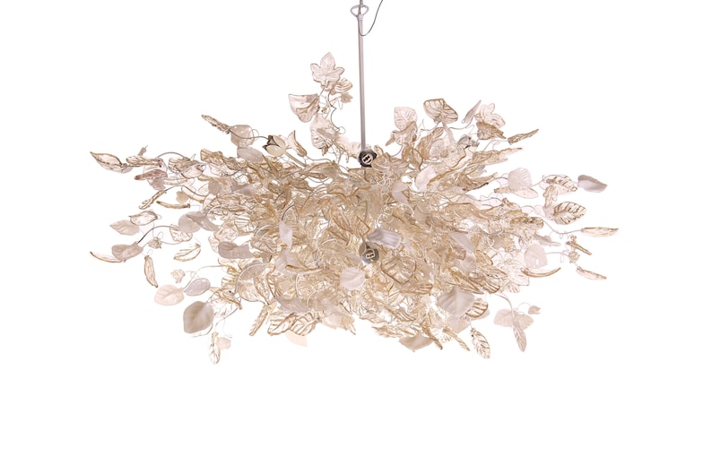 Modern Hanging oval chandeliers with white, clear and light gold flowers and leaves for Dining Room, or living room elegant lighting image 1