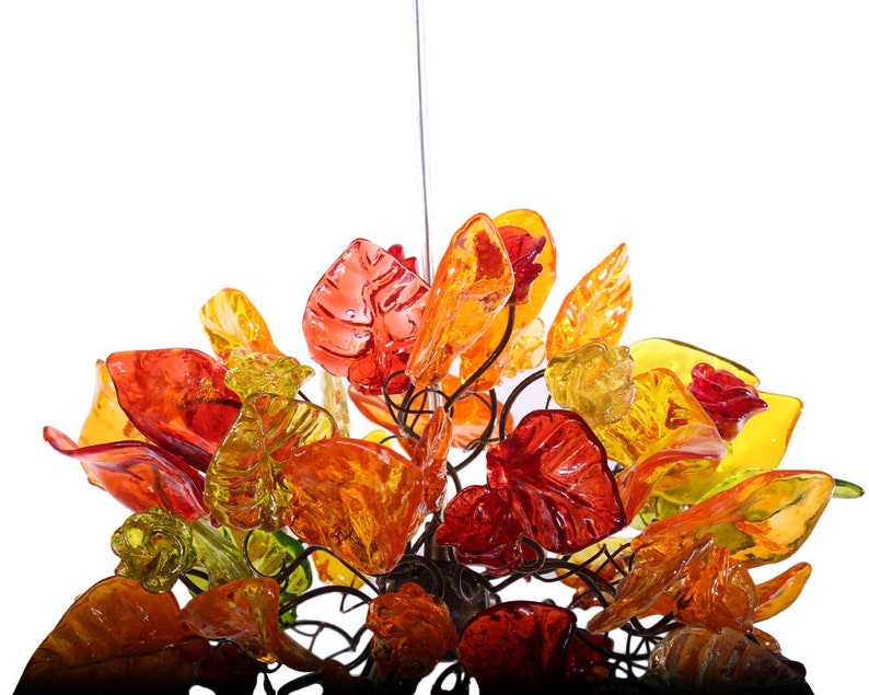 Ceiling light fixture with warm color flowers and leaves, unique pendant light. image 3