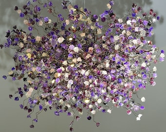 Hanging big Chandelier for saloon or living room, shades of transparent clear gray and purple flowers, chandelier light