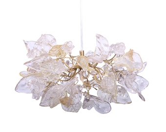 Pendant Light fixture, island lighting with Transparent Clear color and gold flowers and leaves.