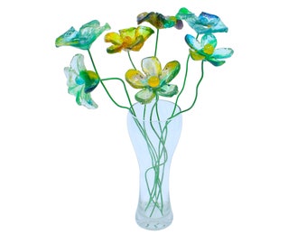 Resin Long-stem artificial blue and green flowers bouquet, Plant lover gift, Plant decorations for pots and vases