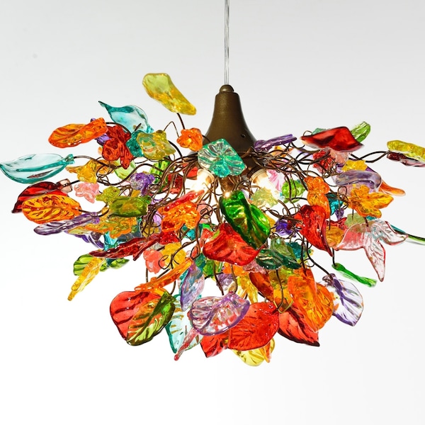 Lighting hanging chandeliers, rainbow lighting  with Multi color flowers and leaves, for Dining Room, hall or bedroom.