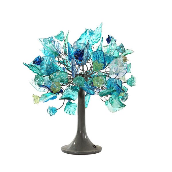 Blauwe tafellamp, decoratieve tafellamp met zeekleurige bladeren en bloemen voor nachtkastje.