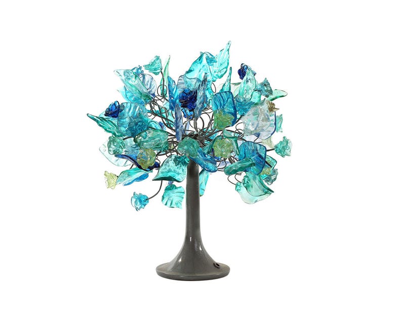 Blue Table lamp, decorative table lamp with sea color leaves and flowers for bedside table. image 1