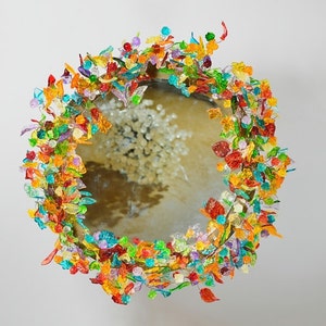 Round Wall decorative Mirror with multicolored flowers and leaves with Led light