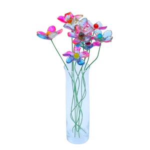 Resin Long-stem artificial Pink and turquois flowers bouquet, Plant lover gift, Plant decorations for pots and vases