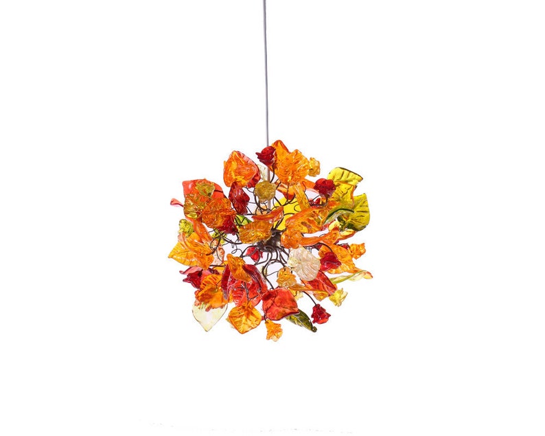 Ceiling light fixture with warm color flowers and leaves, unique pendant light. image 2