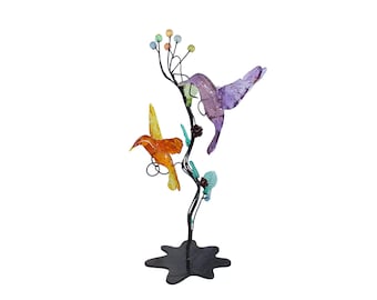 Handcrafted Metal Stand with Colorful Resin Birds