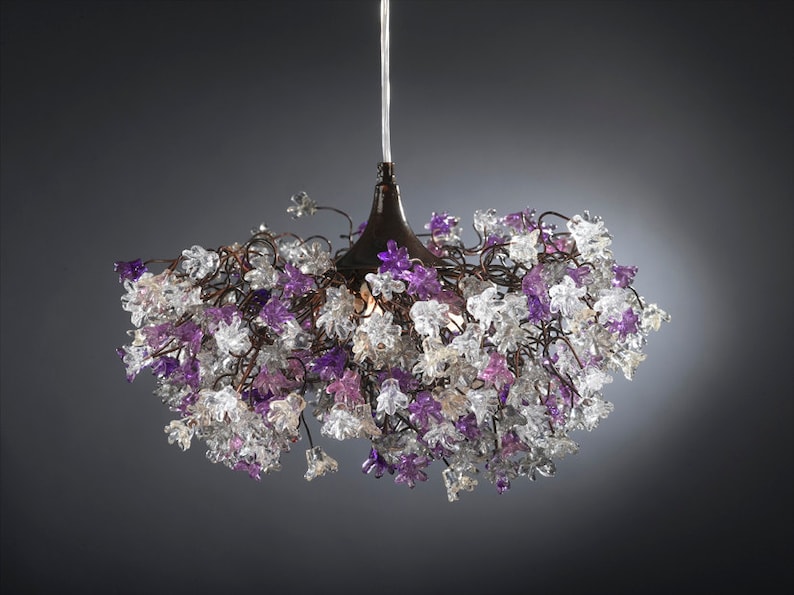 Ceiling Light Fixture, Hanging lamp with Purple, Gray and clear flowers for dining room, living room or bedroom.special lamp image 1