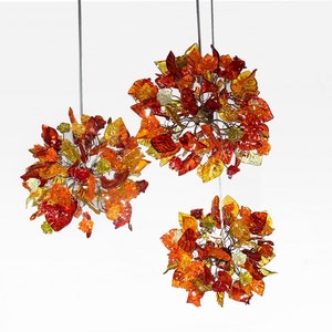 Triple Round Pendant Light With Autumn Colored Resin Leaves image 2