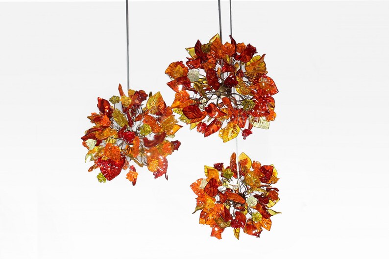 Triple Round Pendant Light With Autumn Colored Resin Leaves image 2