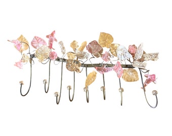 Coat rack, Wall Hook with Pastel resin flowers and leaves and , decorative wall hanger.