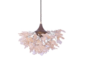 Elegant Chandelier with Gold and Clear Flowers and Leaves for Dining Room, Hall, or Bedroom - Unique Lighting Fixture with Resin Bouquet