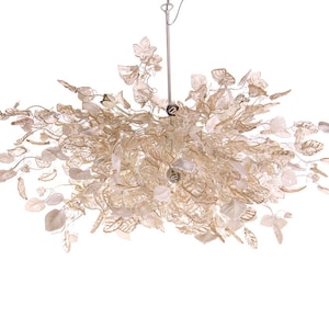 Modern Hanging oval chandeliers with white, clear and light gold flowers and leaves for Dining Room, or living room elegant lighting image 2