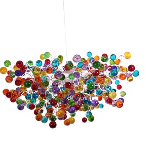 Large Rainbow bubbles Chandelier, Hanging light with multicolored bubbles - statement lighting with rainbow balls for Dining Room.