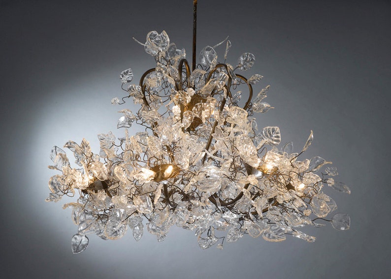 Chandeliers Royal Lighting with Transparent clear leaves and flowers, elegant and unique Ceiling light for living room or store image 1