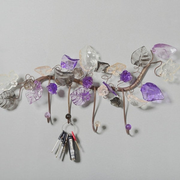 Decorative Hook with purple and gray flowers and leaves - decorative wall hanger, Towel Holder, Bathroom Hooks