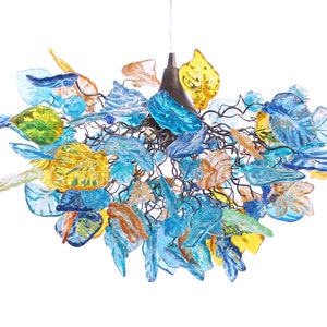 Unique Chandelier with Sea color and few yellow flowers and leaves, for Dining Room, hall or bedroom.