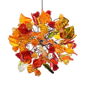 Ceiling light fixture with warm color flowers and leaves, unique pendant light. image 1