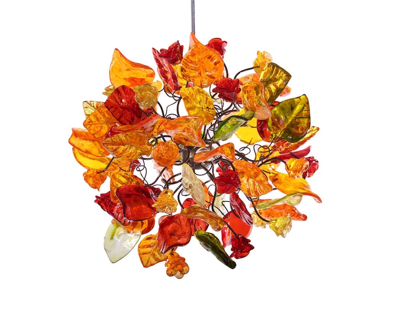 Ceiling light fixture with warm color flowers and leaves, unique pendant light. image 1