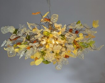 Chandelier hanging light with Champagne color flowers & leaves