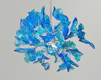 Blue Ceiling lamp with flowers and leaves for hall, bathroom, children room.