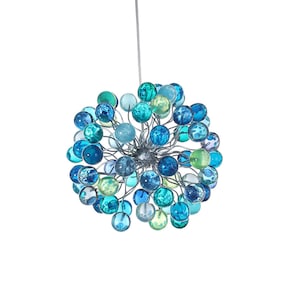 May include: A modern chandelier with a spherical design featuring a cluster of blue and green glass orbs suspended from a silver wire.