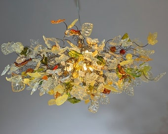 Chandelier hanging light with Champagne color flowers & leaves