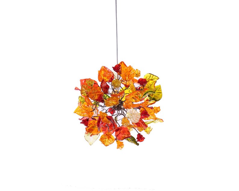 Ceiling light fixture with warm color flowers and leaves, unique pendant light. image 5
