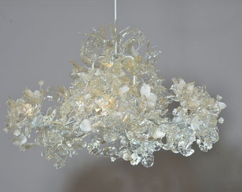 Chandelier Ceiling Light with Clear Transparent and white leaves and flowers for living room or Dining table- unique and elegant lighting.