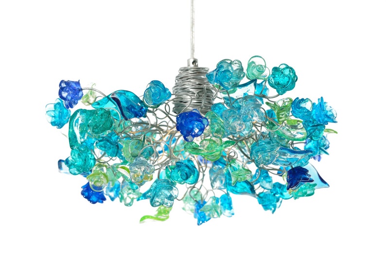 Ceiling pendant light with sea color flowers and leaves, for Kitchen island, bedroom or as bedside lamp. image 1